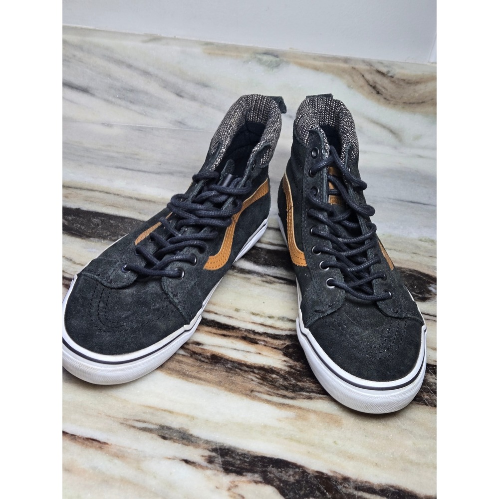 Vans Sk8-Hi Slim Black Suede Tweed High Top Sneakers Tan Stripe M 8 W 9.5